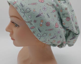 Mint Nurse Life Scrub Hat, Euro Scrub Hat, Bouffant, Ponytail Floral