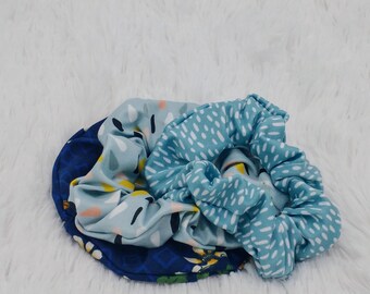 Scrunchie Hair Ties, Blue Floral Hair Accessories Spa Day Scrunchie in Multiple Colors Gift for Her Comfy Party Favor
