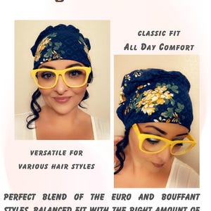 May include: Navy blue scrub hat with a floral pattern and yellow accents. The hat is designed for all-day comfort and versatility. The text on the image says "Original Scrub Hat".