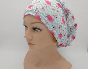 Summer Flamingo Euro Scrub Hat Pink and Turquoise Slouchy Euro Scrub Cap Ponytail Style