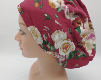 Scrub Hat - Nurse Hat - Cranberry Carnation Floral - large print