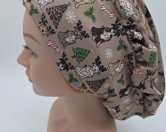 Christmas Dog and Lights Scrub Hat: Several Styles in Buttery Soft Stretchy Fabric