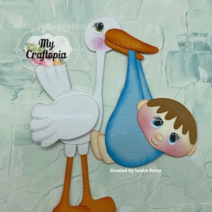 Personalized Baby  Boy with Stork Premade Scrapbooking Embellishment Paper Piecing Die Cut Clip Art  hand made