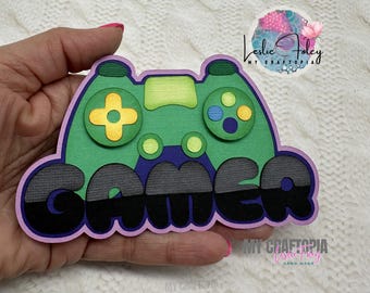Handmade Title Gamer Embellishment, Play, Video Games, Scrapbook Layout Die CutLayout