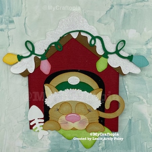 Christmas Cat House Winter Premade Scrapbooking Embellishment Paper Piecing Die cut 3D  Card Clip Art Hand made