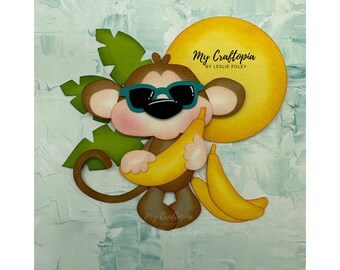 May include: A cartoon monkey wearing sunglasses and holding a banana. The monkey is brown with a pink face and black eyes. The banana is yellow and has a green stem. The background is a light blue with a yellow sun.