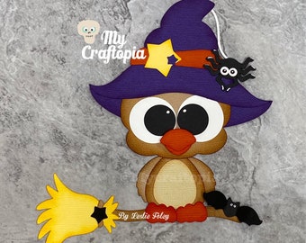 Halloween Owl Witch Fall Premade Scrapbooking Embellishment Paper Piecing Die cut Card Clip Art. hand made