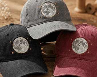 Embroidered Moon Dad Hat, Celestial Washed Cotton Baseball Cap, Cosmic Gift