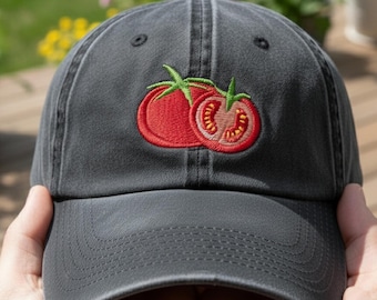 Embroidered Tomato Washed Cap Italian Foodie Gift, minimalist food embroidery dad hat, cozy kitchen aesthetic, summer cap
