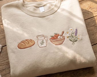 Cottagecore Embroidered Sweatshirt, Bread Wildflower Farmhouse Cotton Crewneck