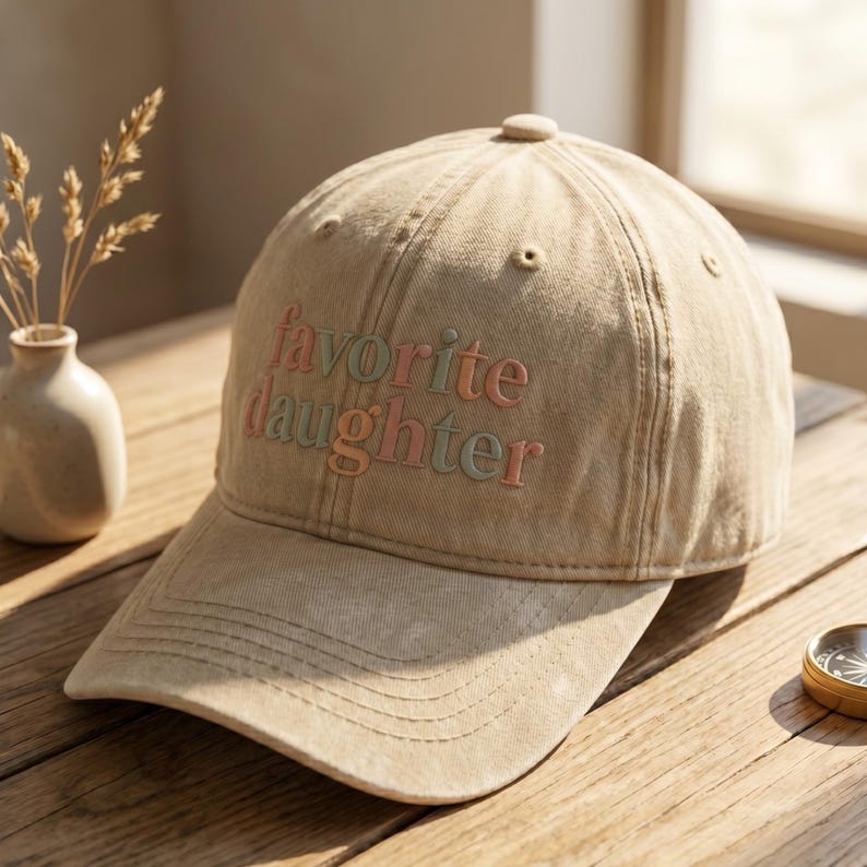 May include: A tan baseball cap with the embroidered text "favorite daughter" in pastel colors. The cap has a curved brim and a button on top. The hat is sitting on a wooden surface.