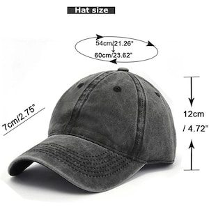 May include: A grey baseball cap with a curved peak. The hat's crown measures 12cm/4.72" high, with a circumference of 54cm/21.26" to 60cm/23.62". The peak is 7cm/2.75" long. The hat is labelled "Hat size".
