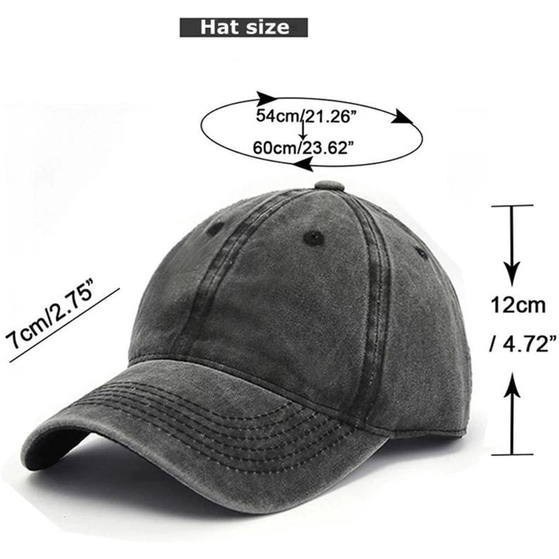 May include: A grey baseball cap with a curved peak. The hat's crown measures 12cm/4.72" high, with a circumference of 54cm/21.26" to 60cm/23.62". The peak is 7cm/2.75" long. The hat is labelled "Hat size".