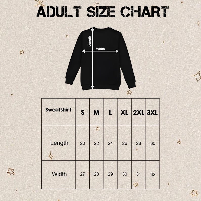 Pu&ograve; includere: Una felpa nera con una tabella delle taglie. La tabella mostra le misure di lunghezza e larghezza in centimetri per le taglie S, M, L, XL, 2XL e 3XL. Il testo "ADULT SIZE CHART" &egrave; in alto.
