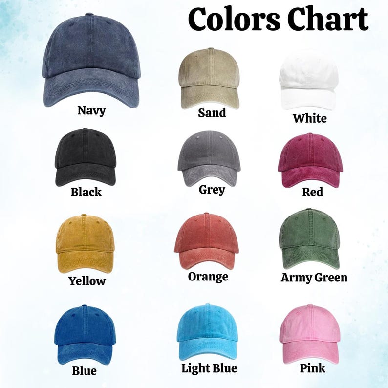 May include: A colour chart showing baseball caps in a range of colours: navy, sand, white, black, grey, red, yellow, orange, army green, blue, light blue, and pink. The text "Colors Chart" is at the top.