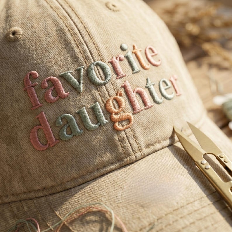 May include: A tan baseball cap with the embroidered text "favorite daughter" in pastel colors. The cap is made of a textured fabric and has a curved brim. A pair of gold scissors rests on the brim.