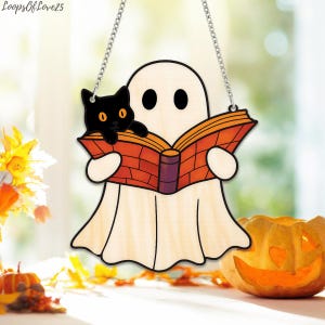 Ghost Cat Reading Suncatcher, Acrylic Ghost Window Hanging, Halloween Bookish Decor, Cat Lover Gift, Spooky Home Accent, Reading Nook Decor