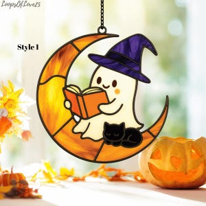 Ghost Reading on Crescent Moon Suncatcher, Cute Boo Acrylic Window Hanging, Book Lover Gift, Halloween Decor, Spooky Halloween Home Accent