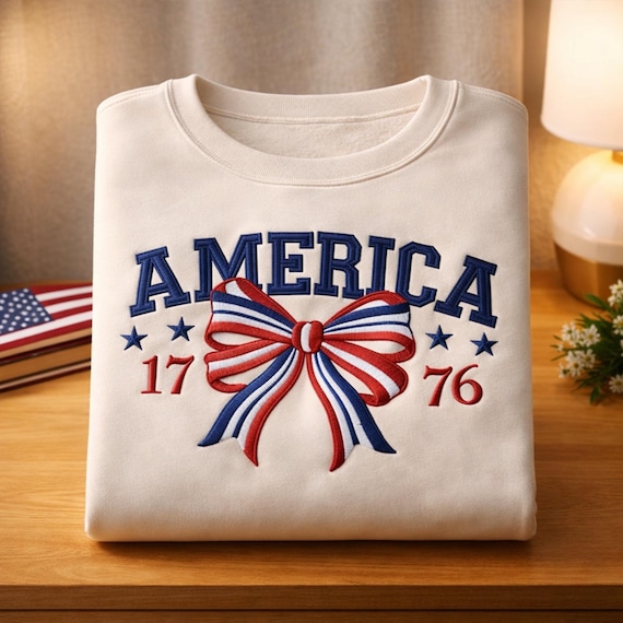 Embroidered Patriotic Bow Sweatshirt, America Crewneck, Cute July 4 Outfit Women, Coquette USA Shirt, Red White Blue Gift