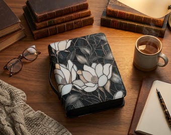 Stained Glass Orchid Bible Cover with Adjustable Strap, Sleeve for Books and Small Essentials, Leather Book Protector