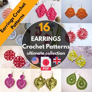 Peut inclure: Un collage de 16 modèles de boucles d'oreilles au crochet dans différentes couleurs et designs. Le texte "16 EARRINGS Crochet Patterns ultimate collection" est affiché au centre de l'image. L'image comprend également le texte "Earrings Crochet Patterns" dans le coin supérieur gauche et une icône de téléchargement au centre de l'image.