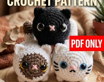 Patrón de crochet de gato pan | Amigurumi de gatito de baja costura en PDF | Gato siamés y de color liso fácil | Peluche adorable | Descarga digital