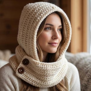 May include: Cream-colored crocheted hood and cowl with two brown buttons. The hood is designed to be worn around the neck and over the head. The cozy, handmade hood is a winter accessory.