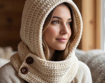 Patrón PDF de cuello con capucha de crochet - Bufanda de botones gruesos y calentador de cuello de invierno - Tallas para niños pequeños y adultos