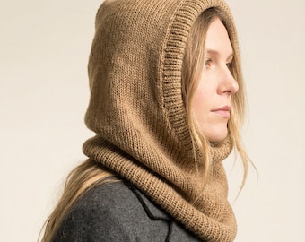 Patrón de tejido de cuello con capucha (PDF), lana peinada, bufanda con capucha 2 en 1, agujas circulares, accesorio acogedor para el invierno.