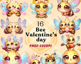 Paquete de 16 PNG del día de San Valentín, San Valentín de abeja, San Valentín de amor, San Valentín para niños, regalos y diseños de abejas para San Valentín, Abeja PNG, San Valentín retro PNG.