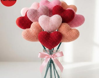 Patrón de ramo de corazones a crochet, amigurumi para San Valentín, corazón fácil en un palito, regalo de aniversario DIY, patrón de peluche de corazón rojo