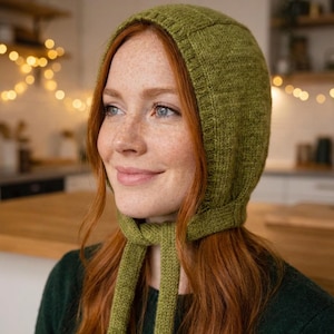 May include: A knitted green hood with long ties, worn by a person with red hair and freckles. The hood is made of a textured yarn and covers the head and neck, with ties that can be fastened under the chin. The person is wearing a dark green top.