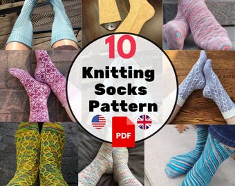10 patrones de calcetines fáciles de tejer en PDF, paquete de patrones de calcetines de lana, calcetines con la punta hacia arriba y hacia abajo, calcetines de invierno acogedores DIY, descarga digital