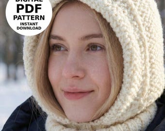 Patrón de tejido de capucha en PDF | Pasamontañas con capucha y cuello | Punto musgo | Talla única | Descarga instantánea | Gorro con capucha Frosty