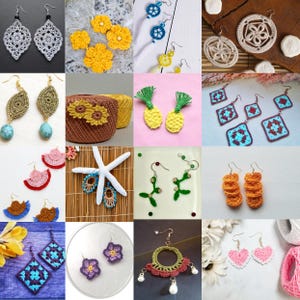 May include: A collection of crocheted earrings in various colours and designs, including flowers, pineapples, geometric shapes, and hearts. The earrings are displayed on a variety of backgrounds, including wood, fabric, and paper.
