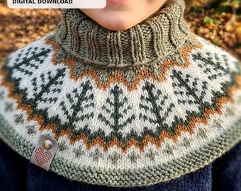 Patrón de tejido en PDF: Calentador de cuello nórdico acogedor con estampado Fair Isle, tallas para niños y adultos, descarga digital
