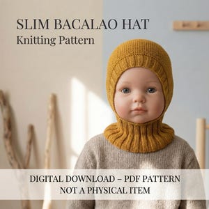 Könnte beinhalten: Ein senfgelbes Strickmützen- und Halstuch-Set. Die Mütze bedeckt Kopf und Hals mit einem Rippenmuster um Gesicht und Hals. Der Text auf dem Bild lautet "SLIM BACALAO HAT Knitting Pattern" und "DIGITAL DOWNLOAD - PDF PATTERN NOT A PHYSICAL ITEM."