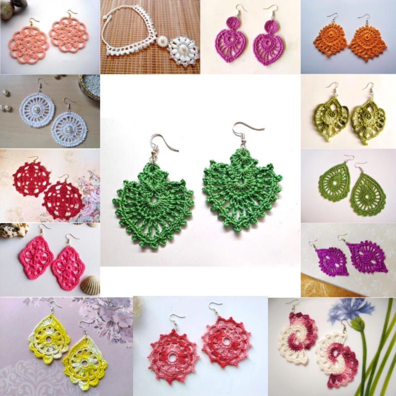 May include: A collection of crocheted earrings in various colours and styles, including floral, geometric, and leaf designs. The earrings are made with delicate crochet stitches and feature a variety of colours, such as pink, green, red, orange, and white.