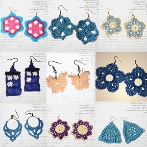 May include: A collection of crocheted earrings in various colours and designs, including flowers, butterflies, and geometric shapes. The earrings are displayed against a white brick wall background.