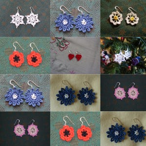 May include: A collage of 10 pairs of crocheted earrings in various colours and designs, including blue, white, red, pink, and yellow. The earrings are displayed on different backgrounds, including fabric, wood, and a Christmas tree.