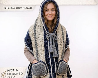 Crochet Hooded Poncho Pattern PDF | Pocket Shawl Wrap | Easy Beginner Capelet | Chunky Yarn | Digital Download
