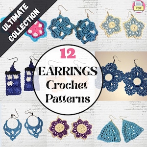 Peut inclure: Douze patrons de crochet pour boucles d'oreilles au format PDF. Les patrons comprennent une variété de styles, tels que des fleurs, des formes géométriques et un motif TARDIS.