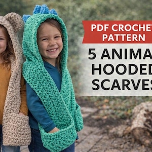 Animal Hooded Scarf Crochet Pattern Bundle, 5 Animal Scoodie Patterns, Kids Hooded Scarf PDF, Bear Dog Lion Dinosaur