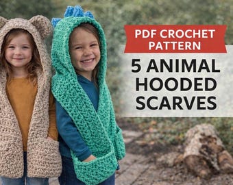 Paquete de patrones de crochet para bufanda con capucha de animales, 5 patrones de Scoodie de animales, bufanda con capucha para niños (PDF), oso, perro, león, dinosaurio