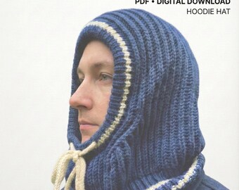 Brioche Knit Hoodie Hat Pattern PDF | Unisex Adult One Size | DK Yarn | I-Cord Drawstring | Two-Color Ribbing