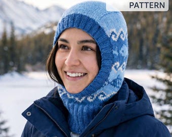 Patrón de tejido de pasamontañas de pez (PDF), capucha de invierno para adulto, motivo marino con hilos de colores, capucha de arriba abajo, hilo DK, descarga instantánea