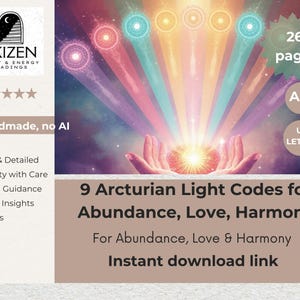 May include: An image promoting a spiritual product. It features a colorful illustration of light beams emanating from a central source, with hands cupped below. Text includes "9 Arcturian Light Codes for Abundance, Love, Harmony" and "Instant download link."