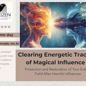 Puede incluir: Ilustración de dos figuras con energía radiante, una en tonos fuego y otra en azules fríos, conectadas por un haz de luz. Texto: "Clearing Energetic Traces of Magical Influence" y "Over 20 pages".
