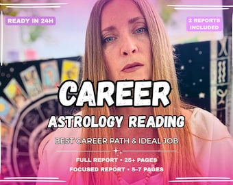 May include: Image with a woman and text overlay: "CAREER ASTROLOGY READING." Other text includes "READY IN 24H" and "2 REPORTS INCLUDED." The image promotes career guidance and astrology readings.