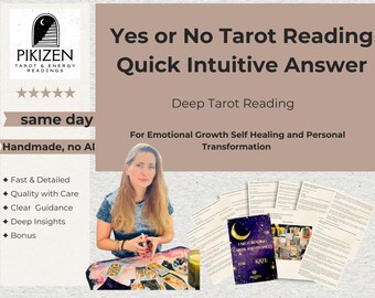 Puede incluir: Imagen promocional de un servicio de lectura de tarot. El texto incluye "Yes or No Tarot Reading" y "Deep Tarot Reading". La imagen muestra a una mujer, cartas del tarot y un libro titulado "Tarot Reading Career and Finances for Kate."